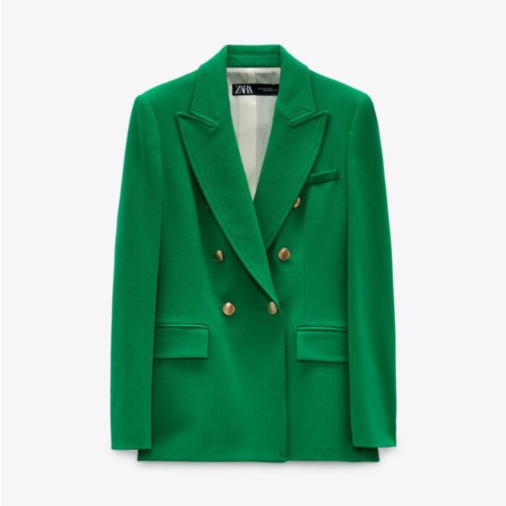 Zara Women's Vibrant Green Blazer with Gold Buttons